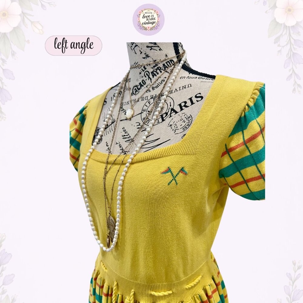 Y2K Betsey Johnson Yellow Plaid Knit Dress • Mod Puff Sleeve Midi • 100% Cotton - Picture 3 of 9